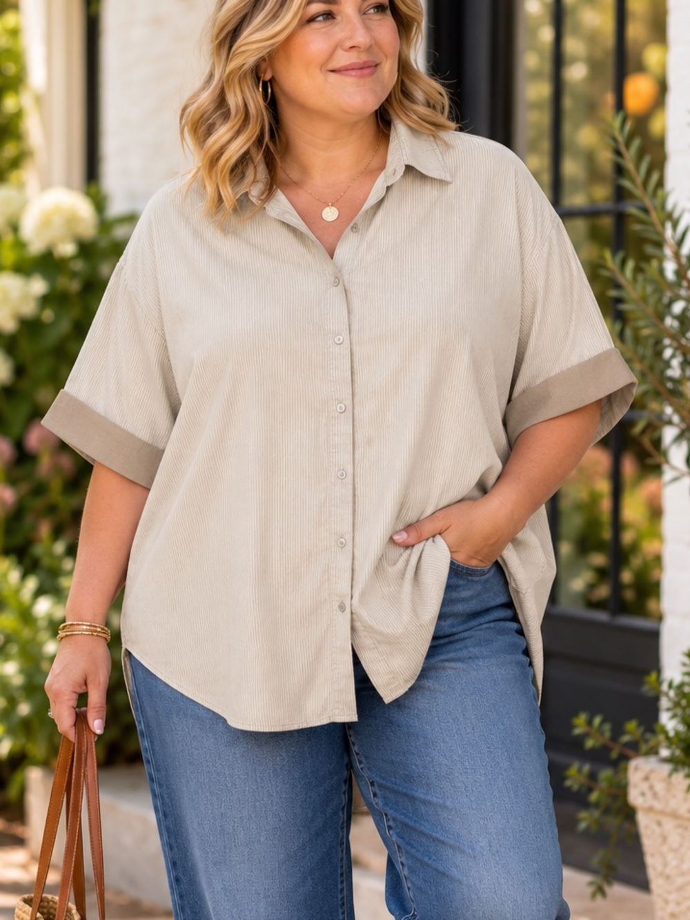 100% Cotton Jones New York Plus 1X Oversized Button Up Shirt Tunic Taupe Striped